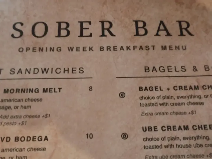 Opening week breakfast menu at The Sober Bar in Gulfport, Florida