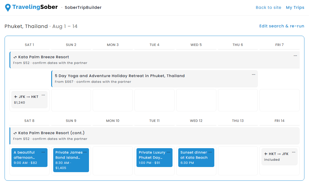 SoberTripBuilder itinerary calendar with flights, a retreat and activities
