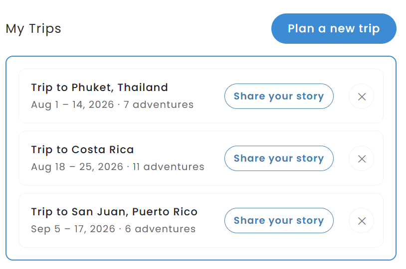 My Trips: saved trips sorted by travel date
