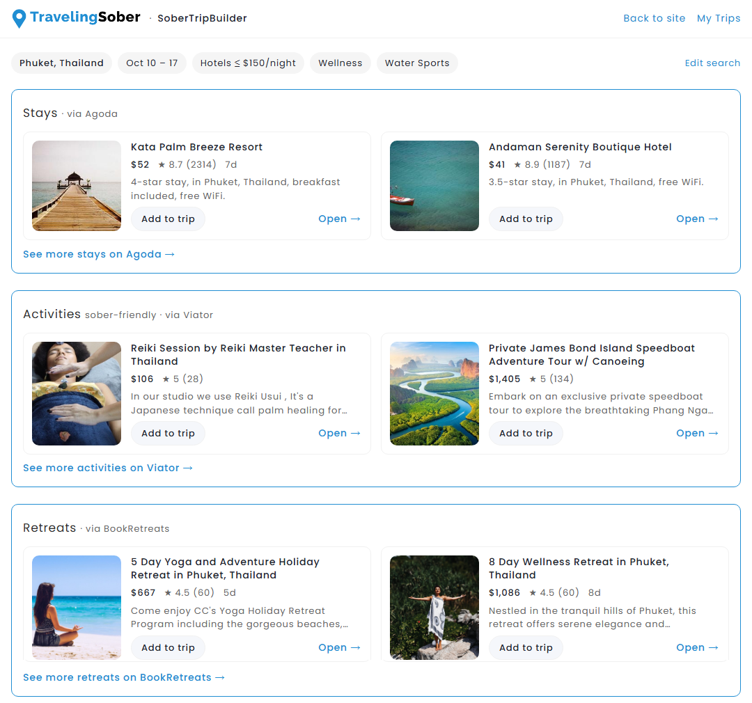SoberTripBuilder sober trip planner search results: flights, activities, retreats and stays