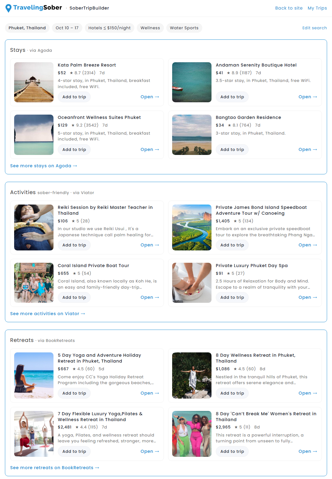 SoberTripBuilder sober trip planner results: sober-friendly stays, activities and retreats for a trip to Phuket, Thailand